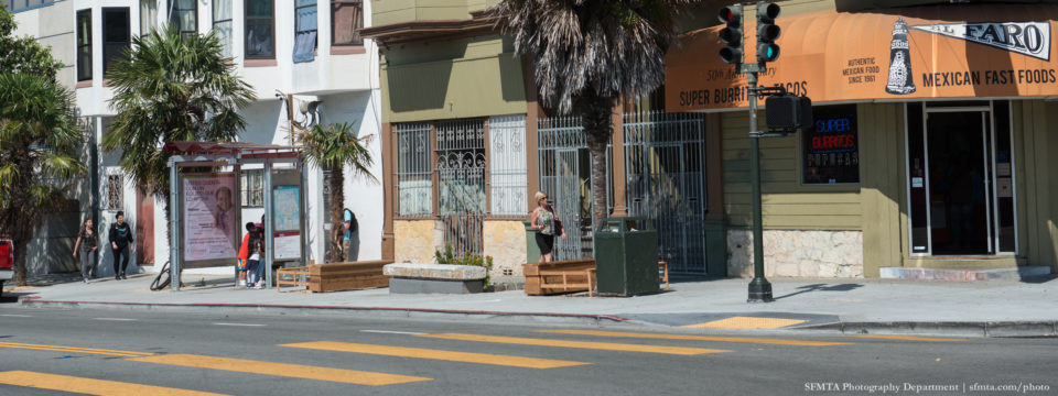 Bus bulb and stop amenities, Folsom Street, San Francisco (credit: SFMTA)