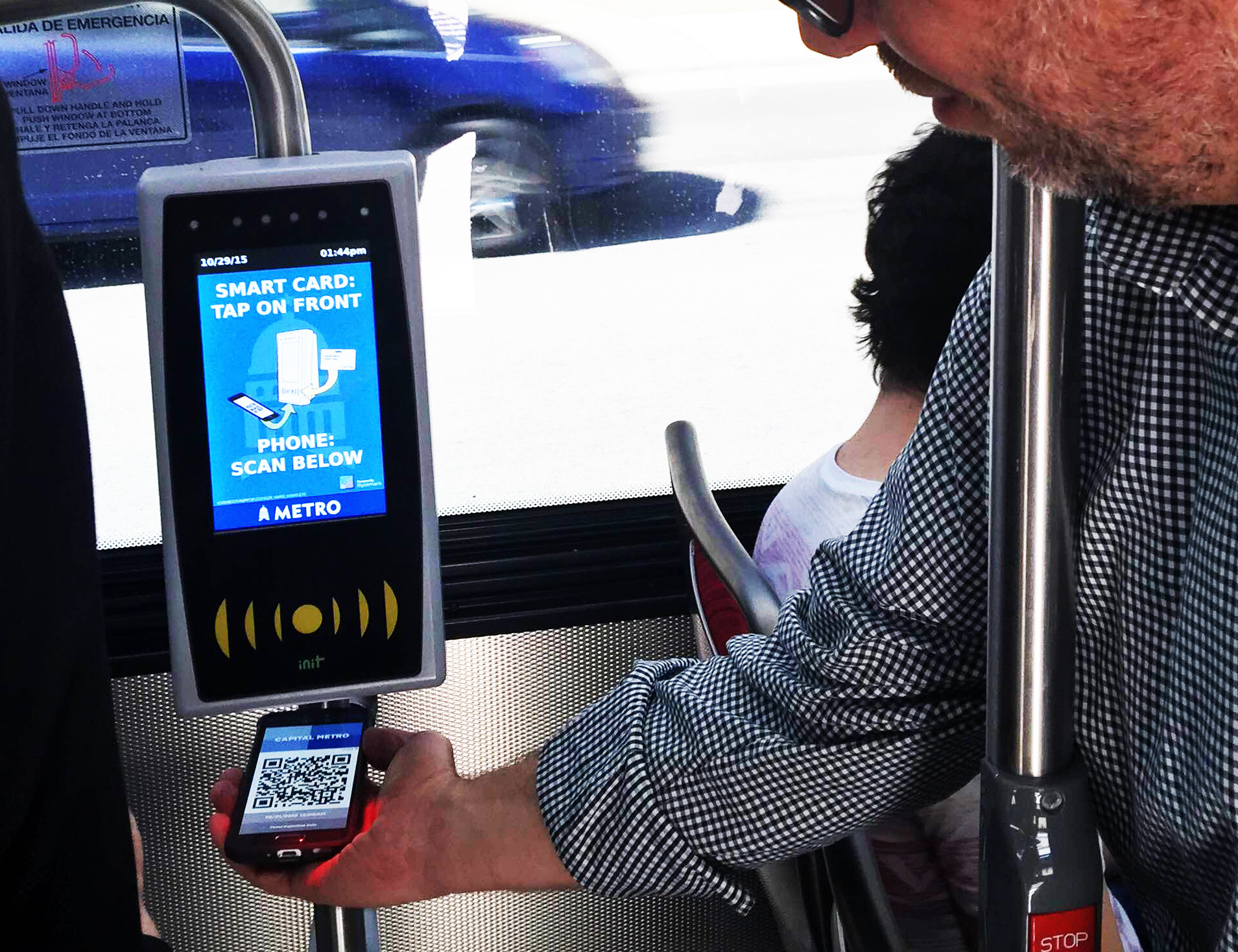 A multi-day mobile ticket is validated on-board by scanning a QR code, Austin (credit: CapMetro)