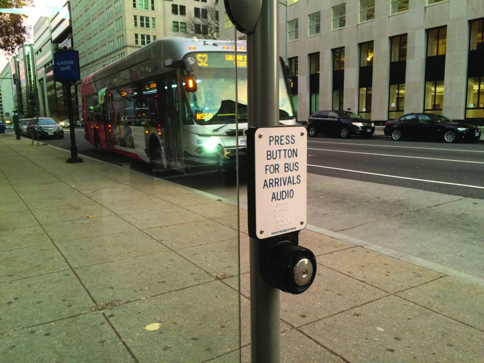 Audible bus arrivals announcement is activated by push-button, Washington, DC