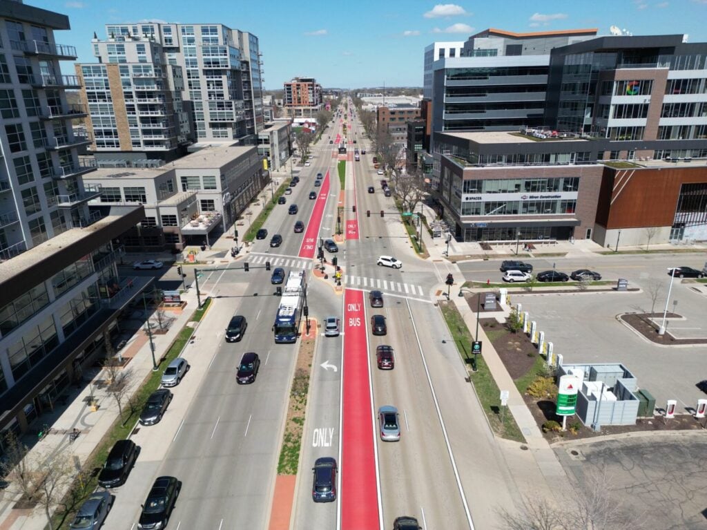 A birds-eye view of center-running bus only lanes in Madison WI.