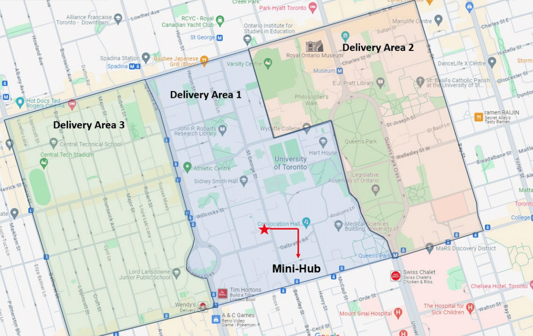 Map showing three delivery areas
