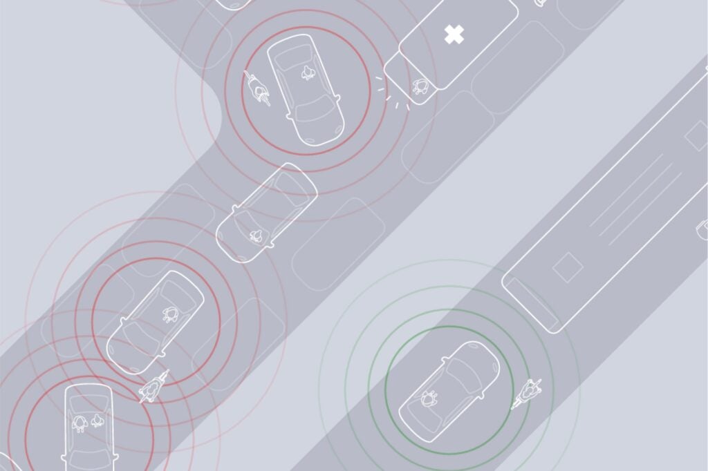 Graphic showing two cases for autonomous vehicles: one where streets are congested and one where a variety of vehicles and people are safely using the street.