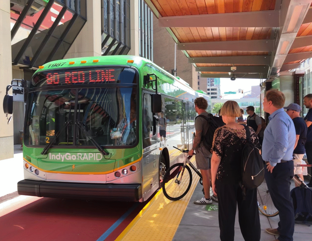 People wait to board a green IndyGo Rapid bus.