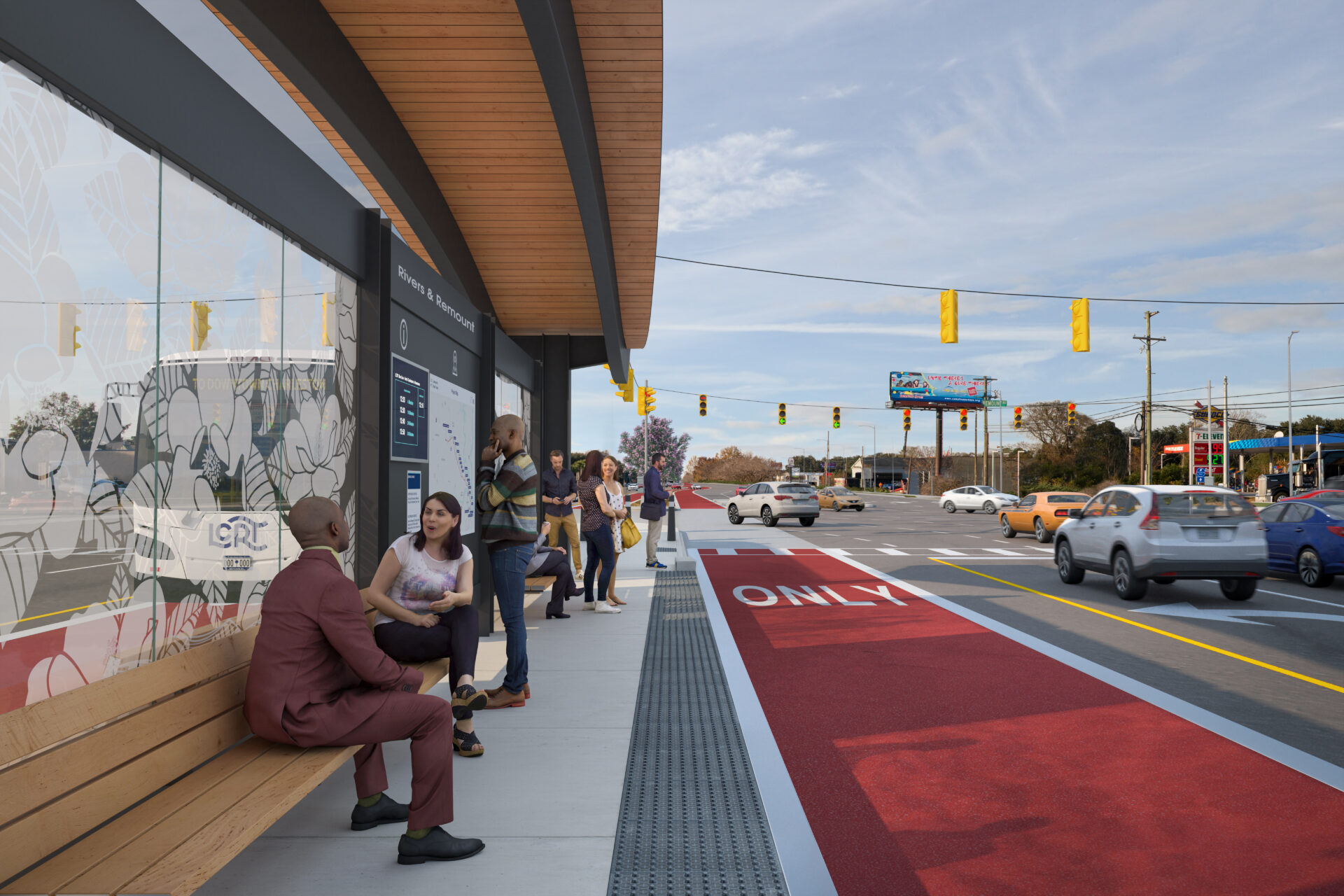 Rendering of a future bus rapid transit stop in the Charleston, South Carolina region shows center-running bus lanes and a variety of people waiting comfortably under a wooden shelter with benches and maps.