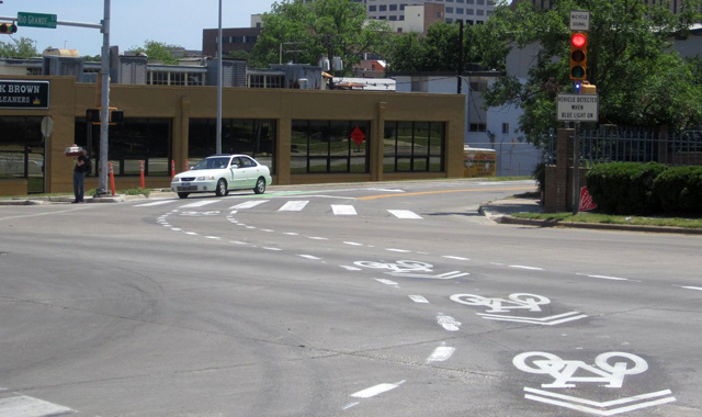 Intersection Crossing markings with Shared Lane Markings - Austin, TXPhoto: Austin Transportation Department