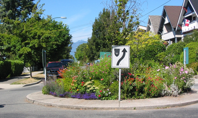 Mini Traffic Circle - Vancouver, BCIn Vancouver, neighborhood groups maintain gardens in mini traffic circles, which can be attractive street features that slow motor vehicles. 