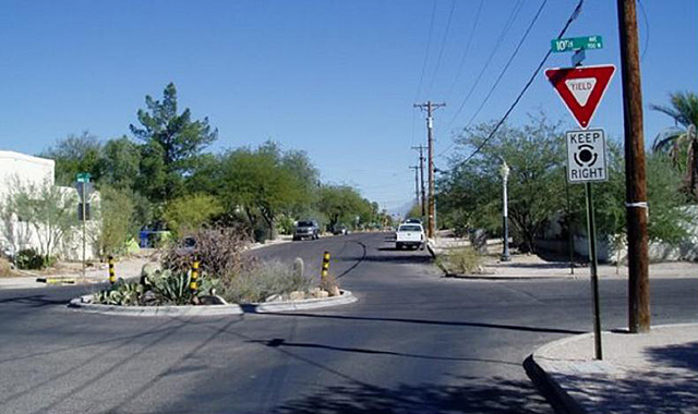 Mini Traffic Circle - Tucson, AZMini traffic circles may be used to lower vehicle speeds at high-volume bicycle crossings. Photo: City of Tucson