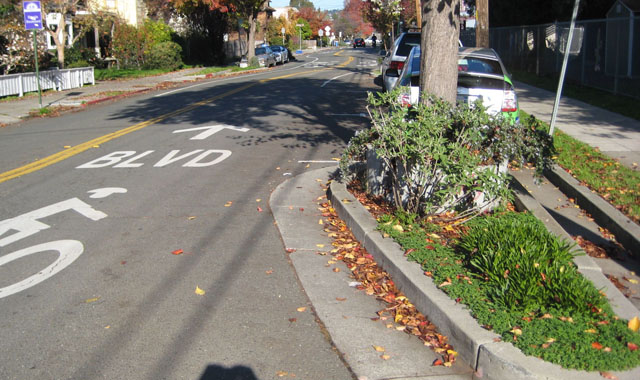 Chicane - Berkeley, CAThis Berkeley bicycle boulevard uses chicanes to horizontally deflect motor vehicles, lowering their speed.