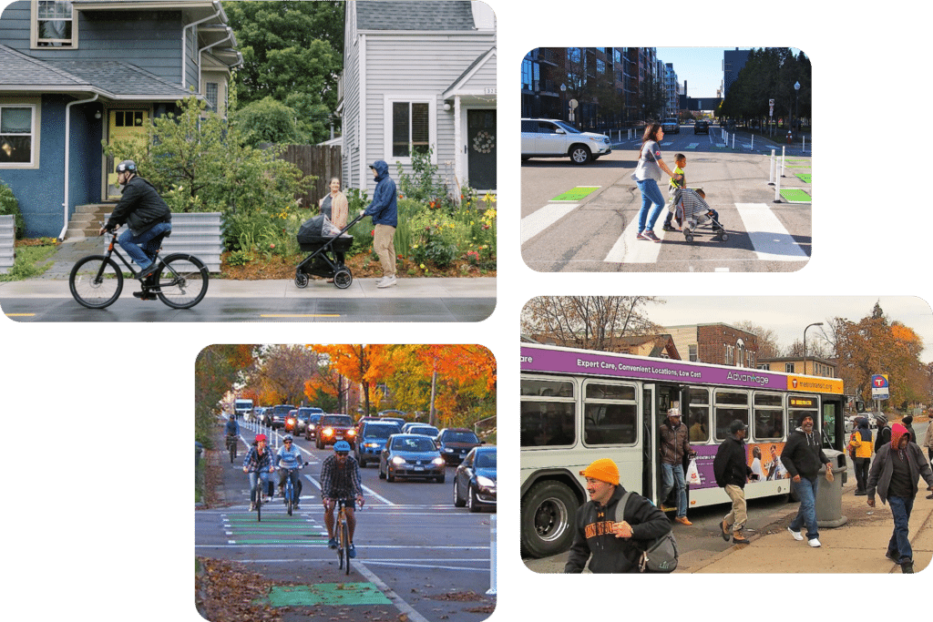 Four images from Minneapolis: A person rides a bike in a bike lane, while people walk alongside a stroller on the sidewalk. A woman pushes a stroller in a crosswalk. A group of people cross an intersection on bikes. People are boarding and alighting a public bus.