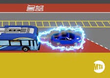 A blue car is being zapped by a city bus in the bus lane.