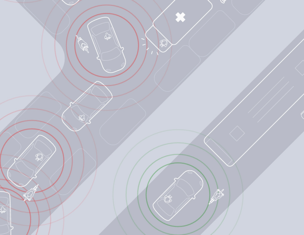 Graphic showing difference between chaotic street with autonomous vehicles blocking an ambulance and a street where an autonomous vehicle is safely moving alongside a bus and person riding a bike