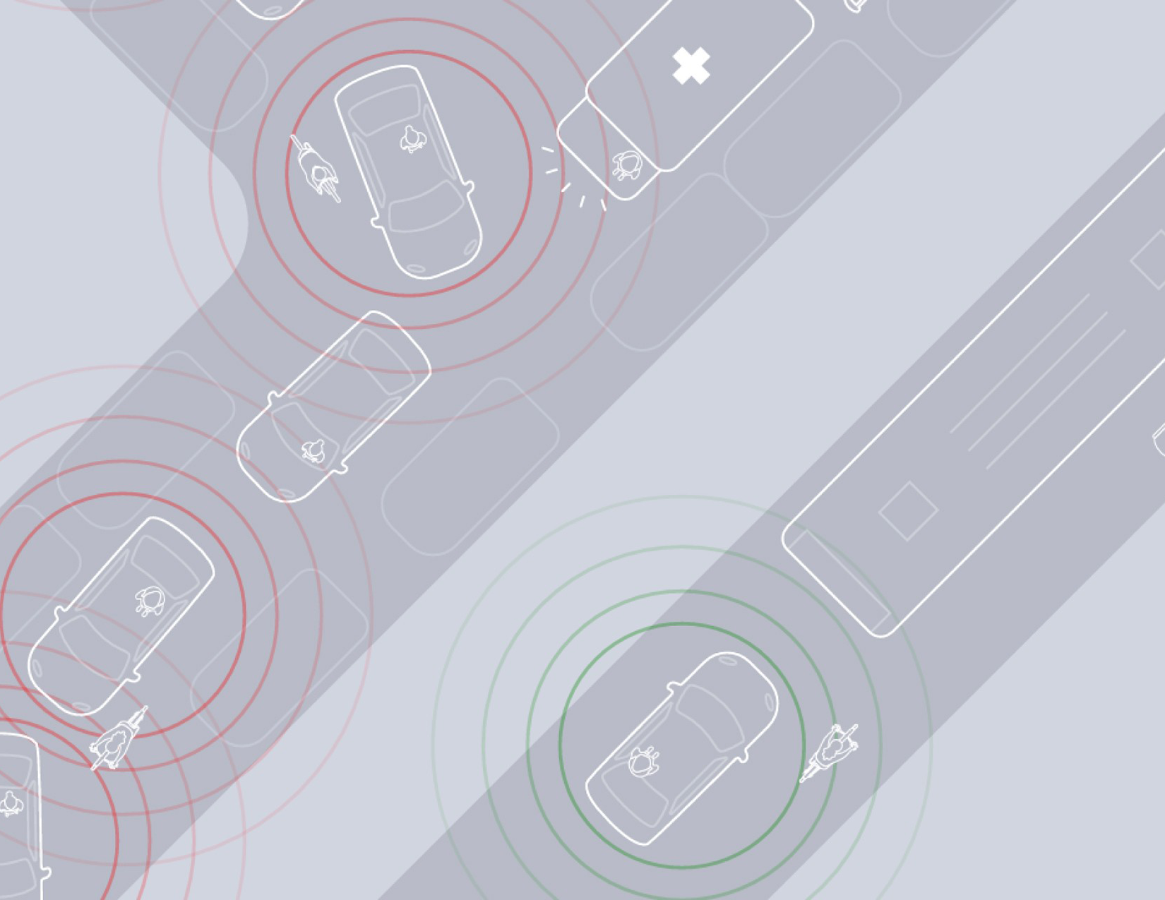 Graphic showing difference between chaotic street with autonomous vehicles blocking an ambulance and a street where an autonomous vehicle is safely moving alongside a bus and person riding a bike